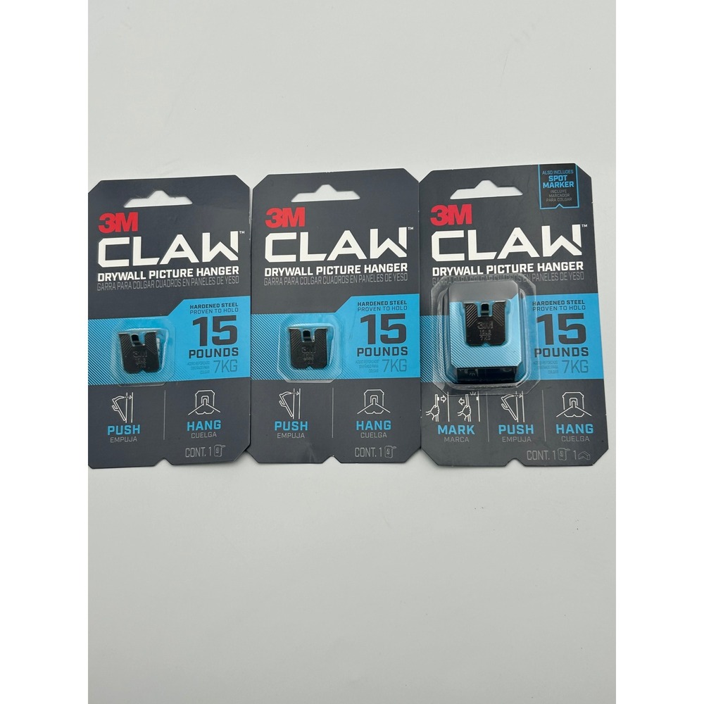 3M CLAW Drywall Picture Hangers 15 lb Capacity‎ Lot of 3 Hardened Steel No Tools